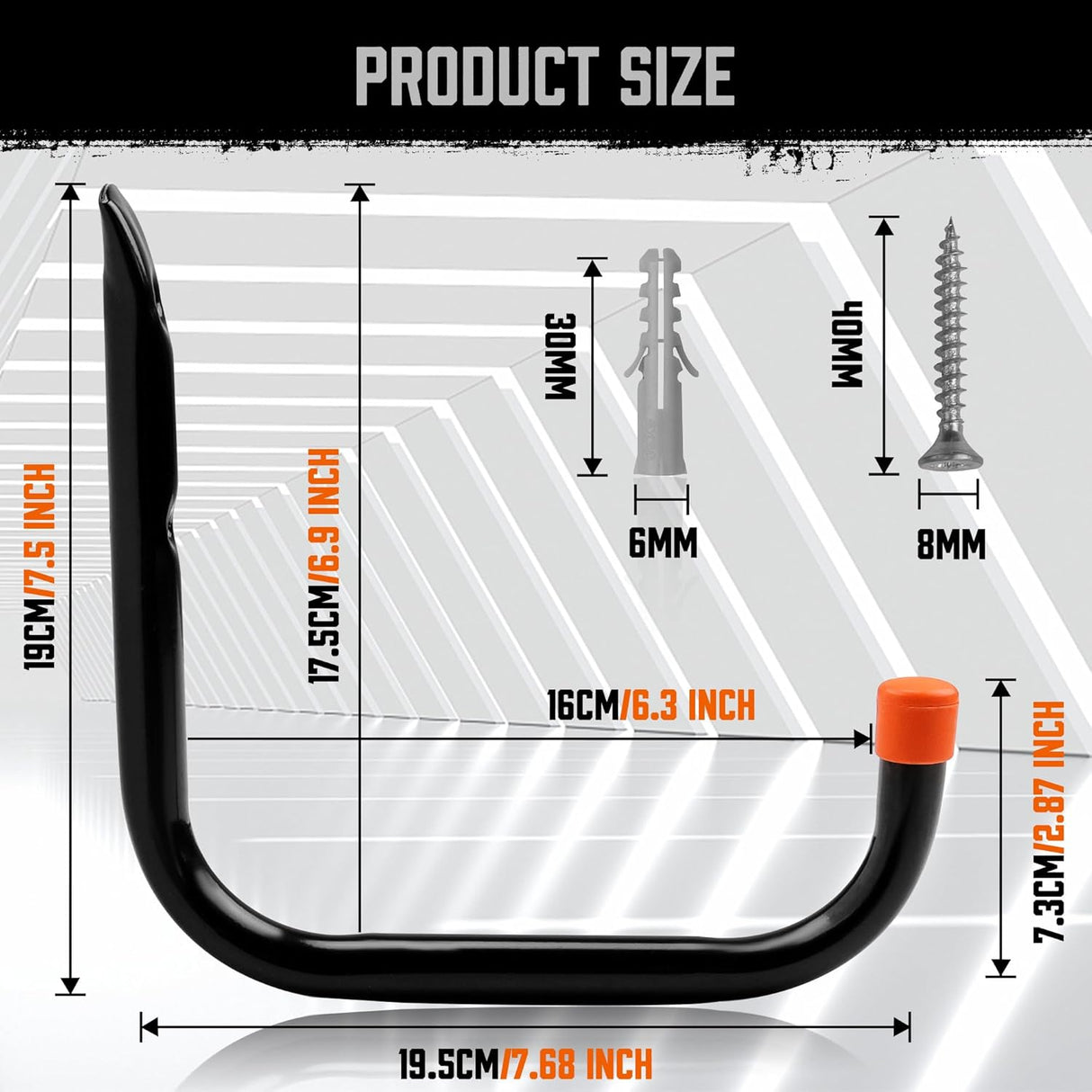 HORUSDY 6-pack garage storage hooks with black rust-resistant finish, orange non-slip rubber tips, and complete mounting hardware for organizing tools and bikes.