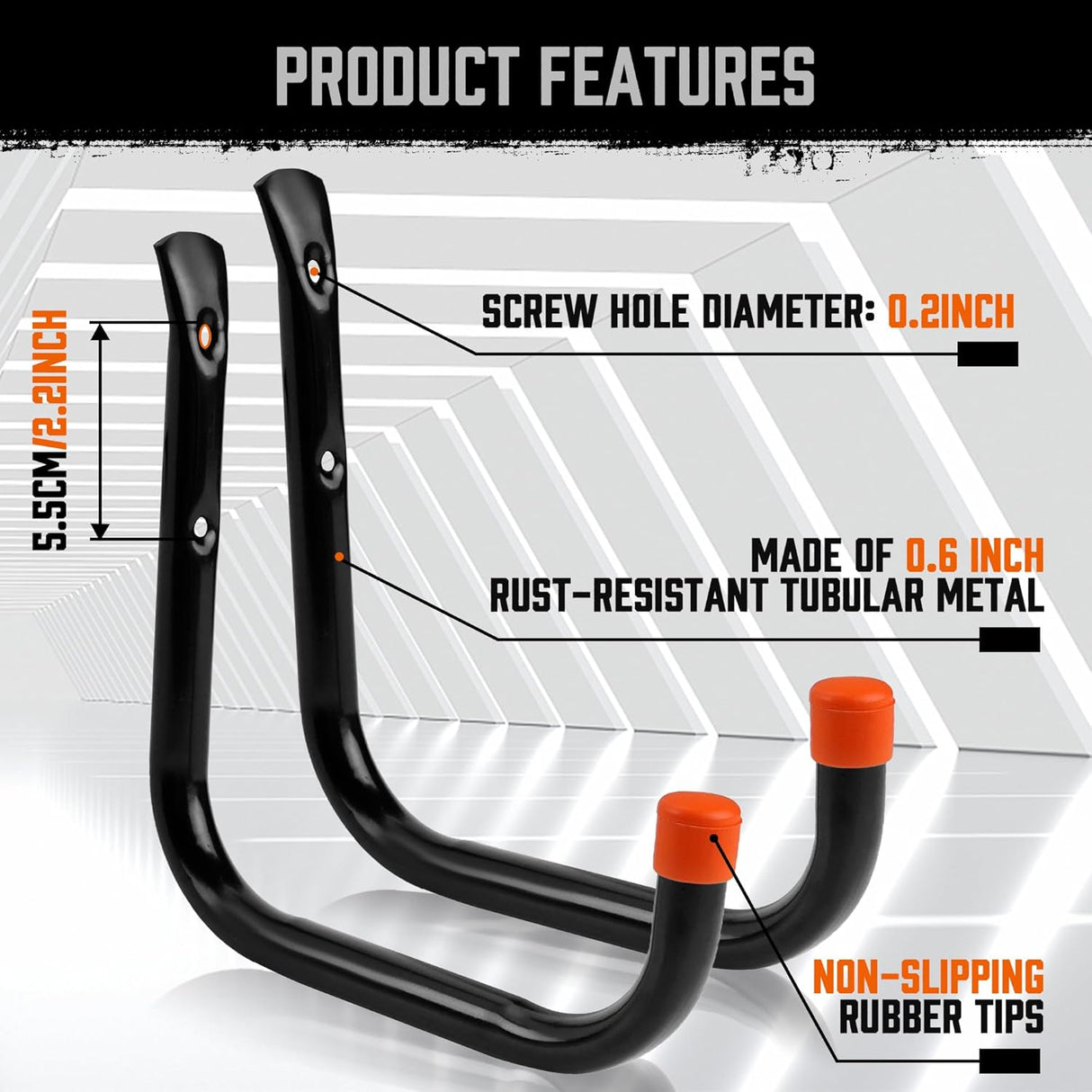 HORUSDY 6-pack garage storage hooks with black rust-resistant finish, orange non-slip rubber tips, and complete mounting hardware for organizing tools and bikes.