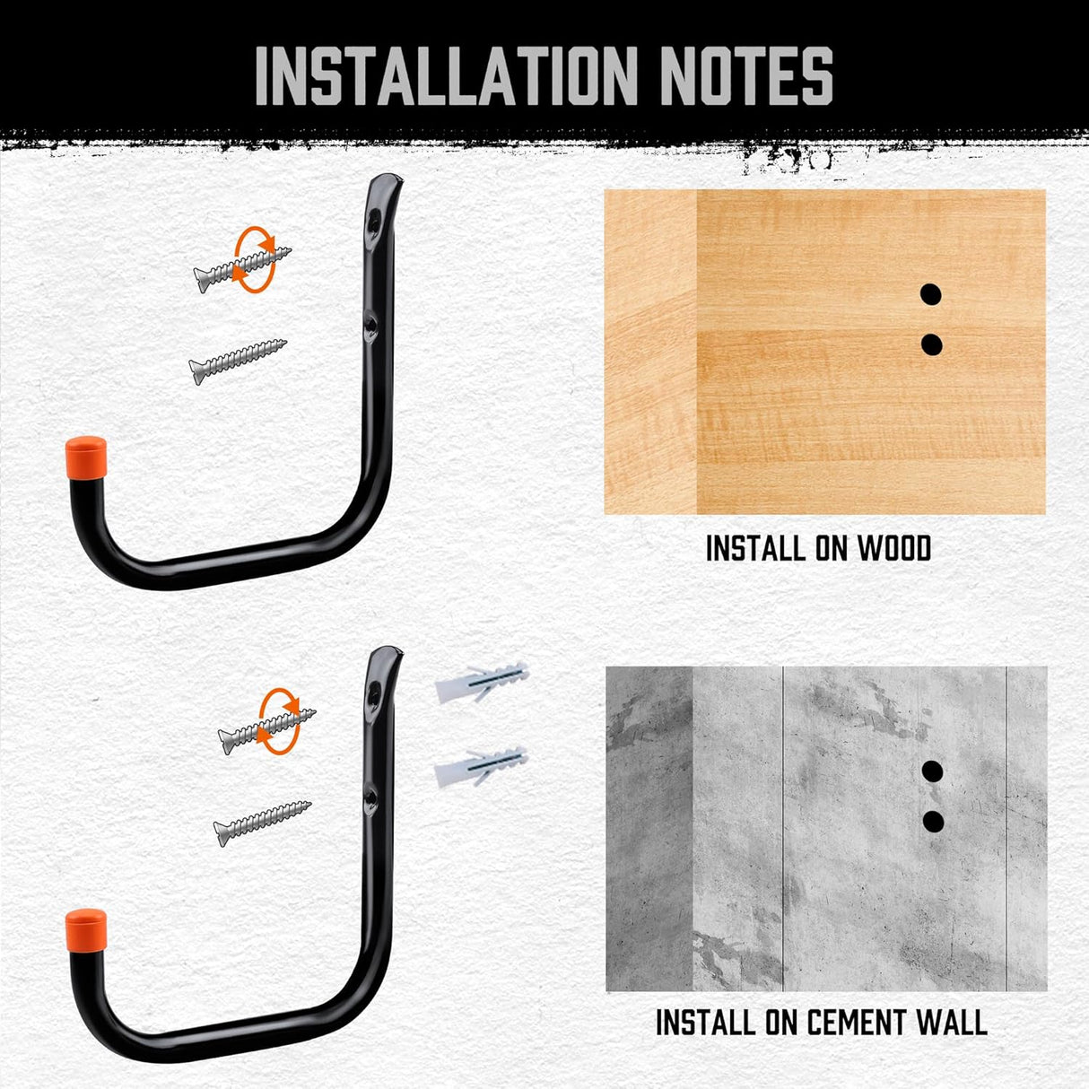 HORUSDY 6-pack garage storage hooks with black rust-resistant finish, orange non-slip rubber tips, and complete mounting hardware for organizing tools and bikes.