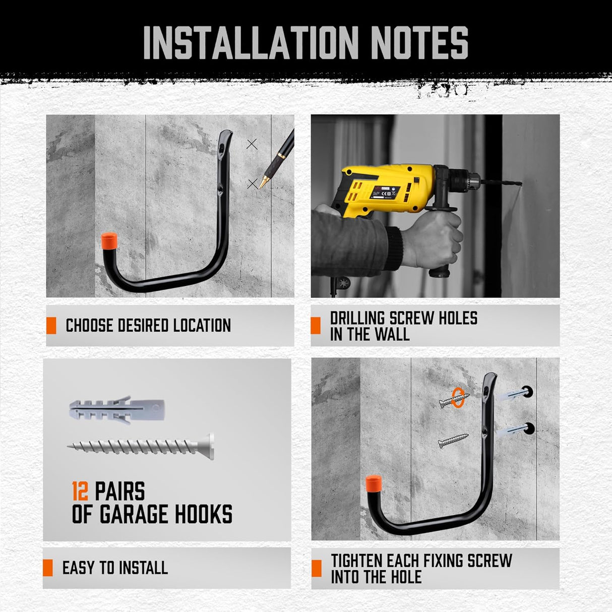 HORUSDY 6-pack garage storage hooks with black rust-resistant finish, orange non-slip rubber tips, and complete mounting hardware for organizing tools and bikes.