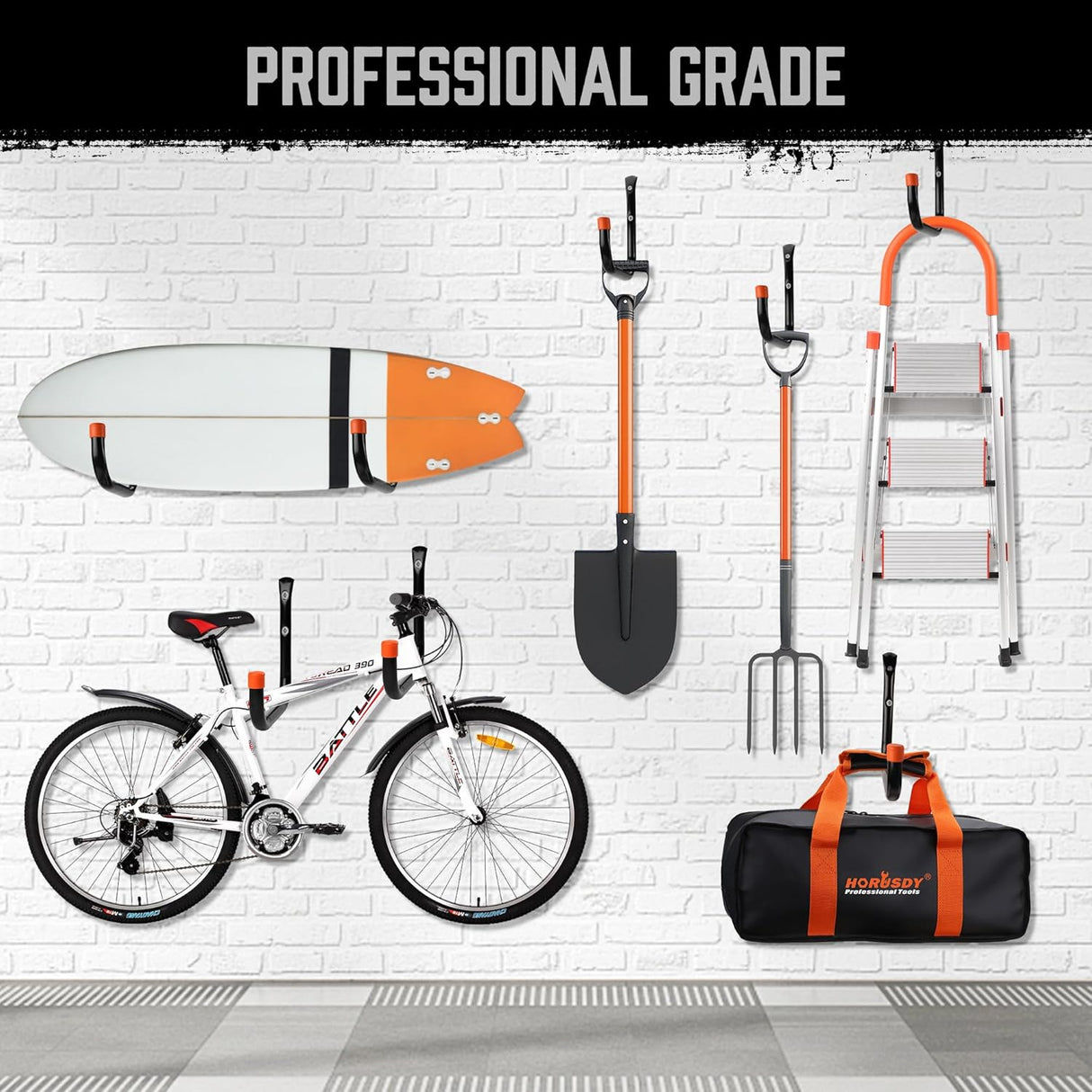 HORUSDY 6-pack garage storage hooks with black rust-resistant finish, orange non-slip rubber tips, and complete mounting hardware for organizing tools and bikes.