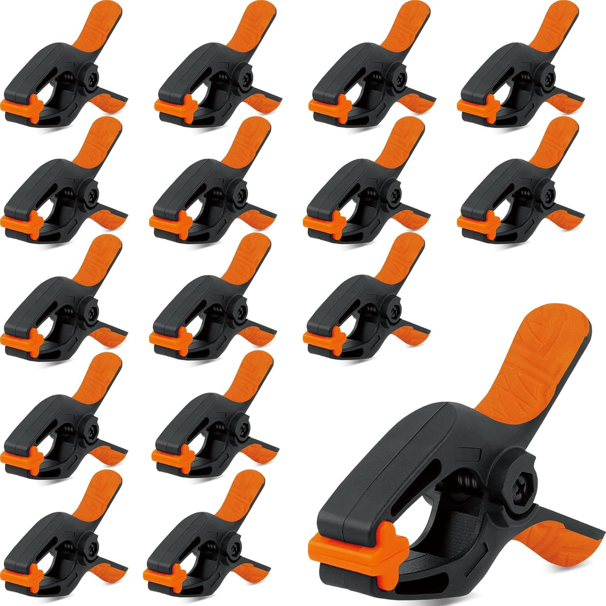 3-inch orange and black heavy duty spring clamps with soft rubber handle and flexible non-slip jaw pads for woodworking, crafts, and photography use