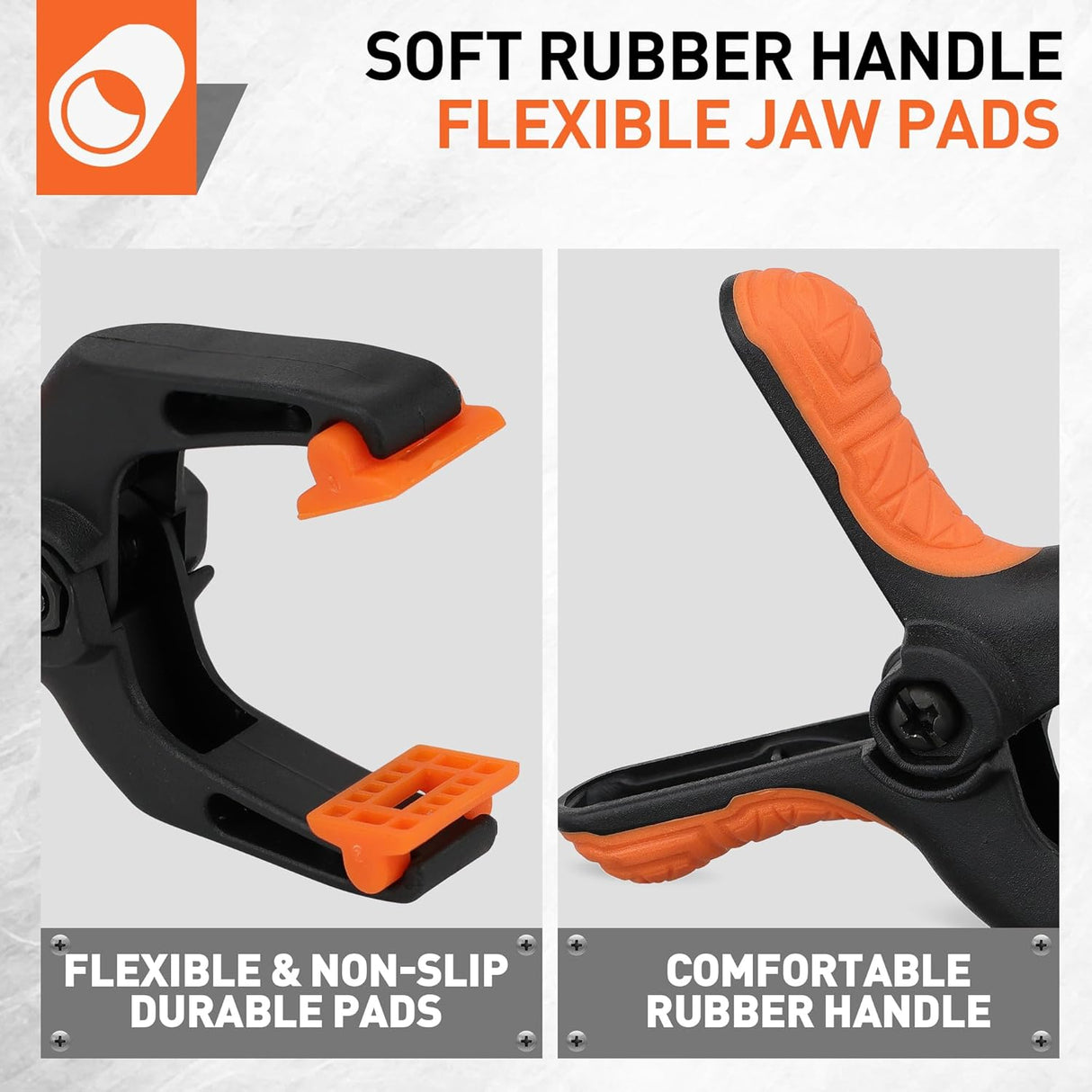 3-inch orange and black heavy duty spring clamps with soft rubber handle and flexible non-slip jaw pads for woodworking, crafts, and photography use