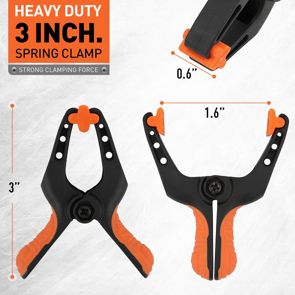 3-inch orange and black heavy duty spring clamps with soft rubber handle and flexible non-slip jaw pads for woodworking, crafts, and photography use