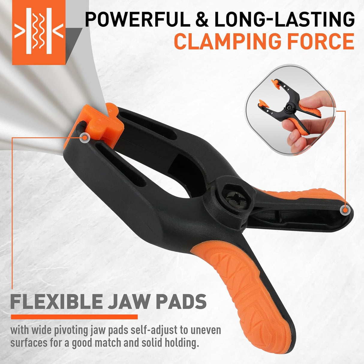 3-inch orange and black heavy duty spring clamps with soft rubber handle and flexible non-slip jaw pads for woodworking, crafts, and photography use