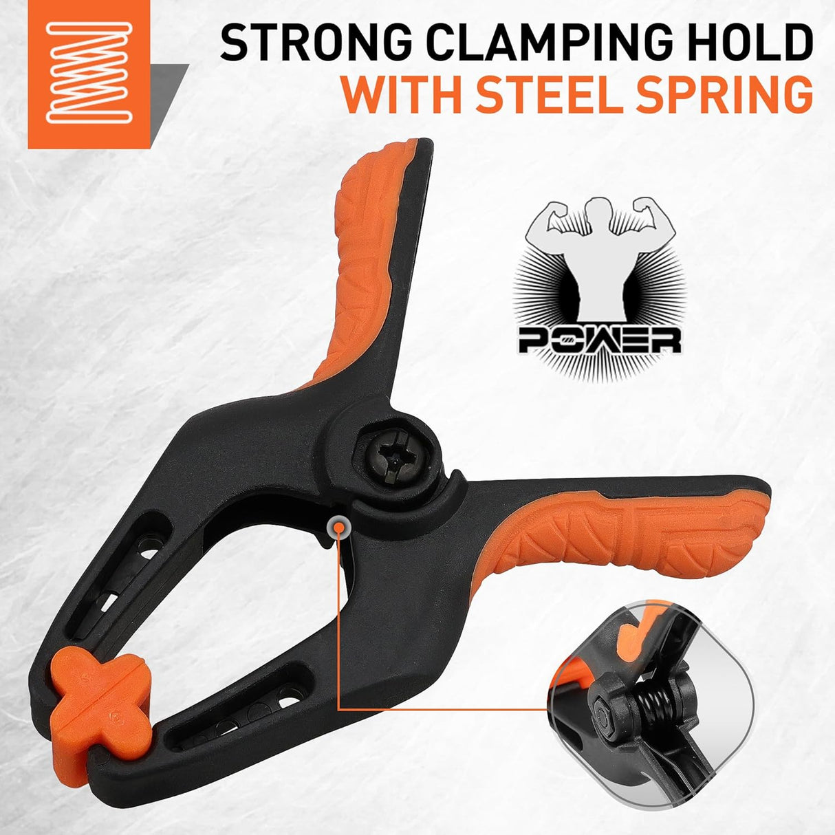 3-inch orange and black heavy duty spring clamps with soft rubber handle and flexible non-slip jaw pads for woodworking, crafts, and photography use