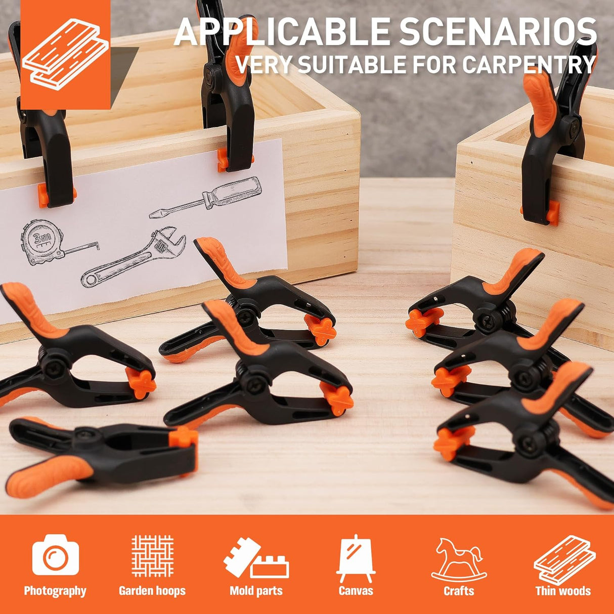 3-inch orange and black heavy duty spring clamps with soft rubber handle and flexible non-slip jaw pads for woodworking, crafts, and photography use