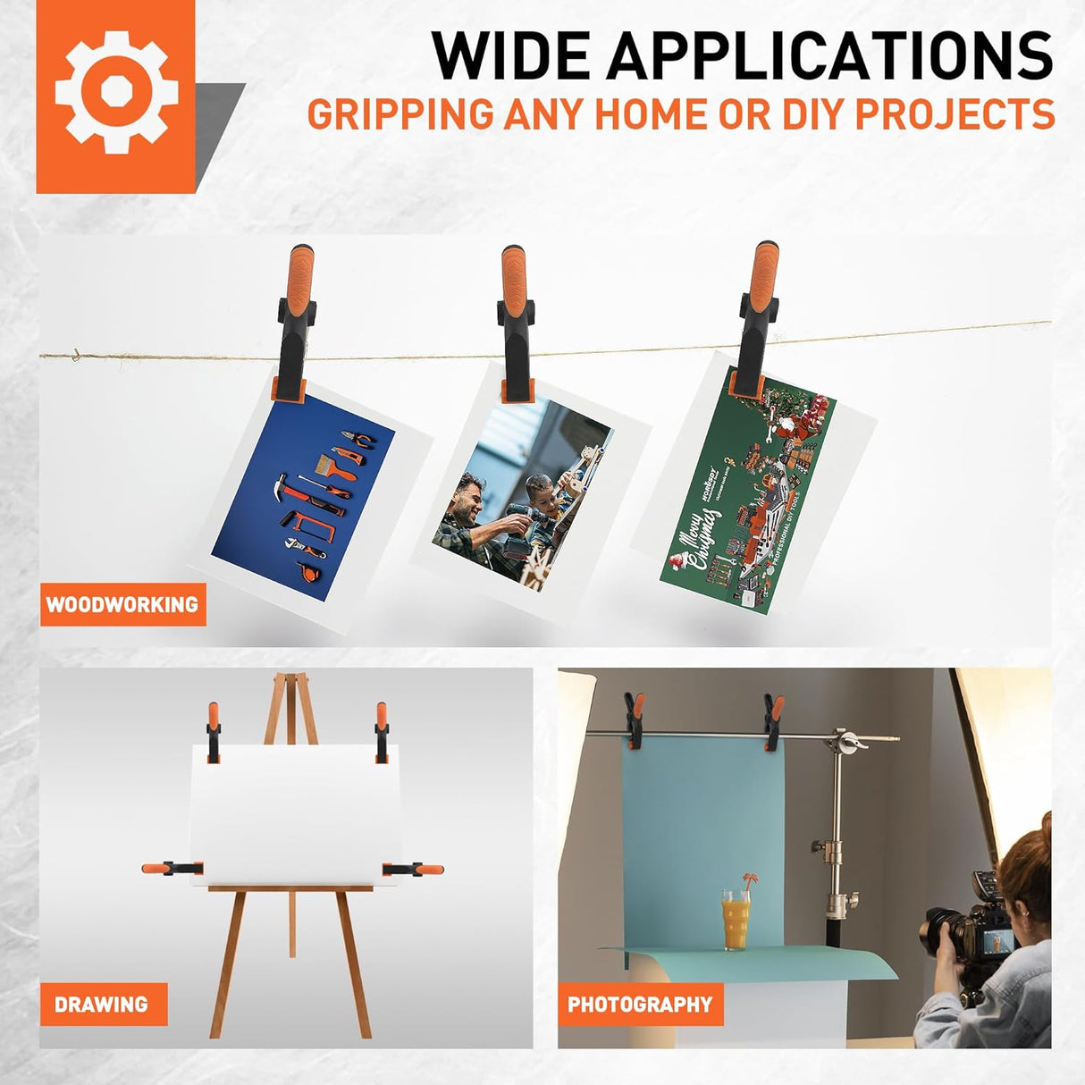 3-inch orange and black heavy duty spring clamps with soft rubber handle and flexible non-slip jaw pads for woodworking, crafts, and photography use