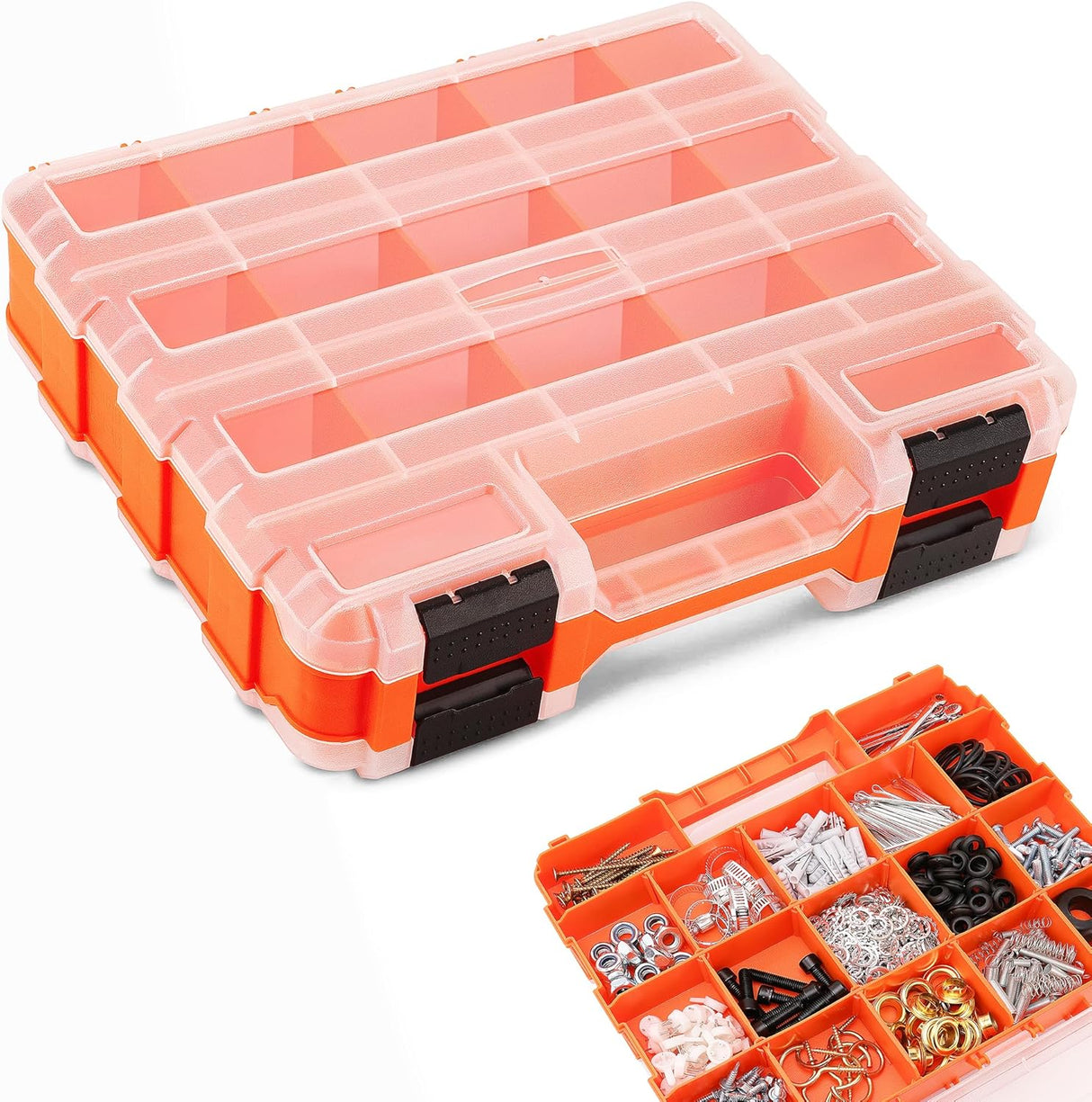 Double-sided orange tool organizer box with 34 adjustable compartments for hardware and accessories
