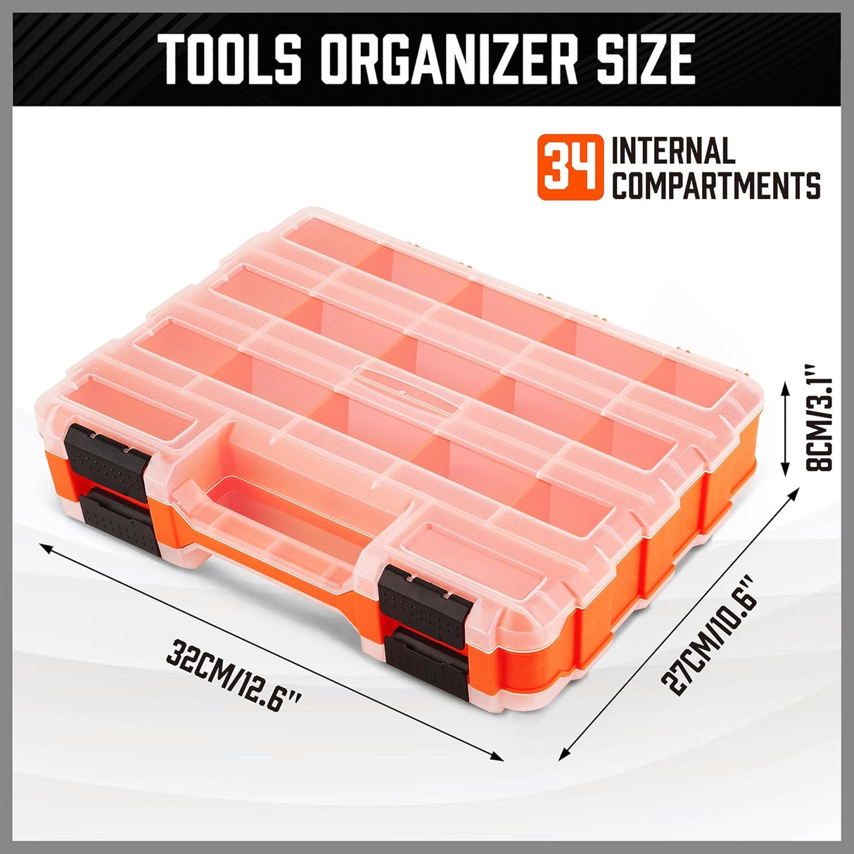 Double-sided orange tool organizer box with 34 adjustable compartments for hardware and accessories