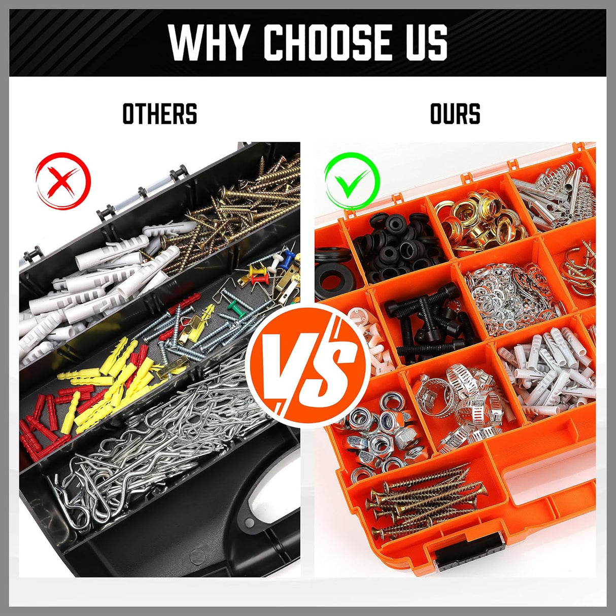 Double-sided orange tool organizer box with 34 adjustable compartments for hardware and accessories