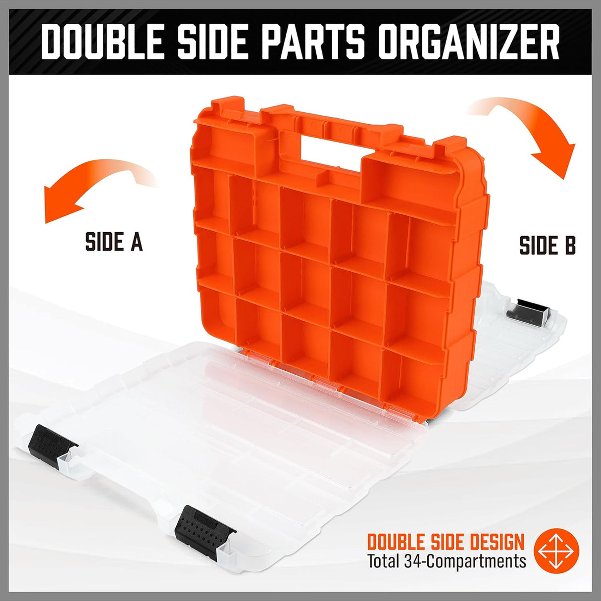 Double-sided orange tool organizer box with 34 adjustable compartments for hardware and accessories
