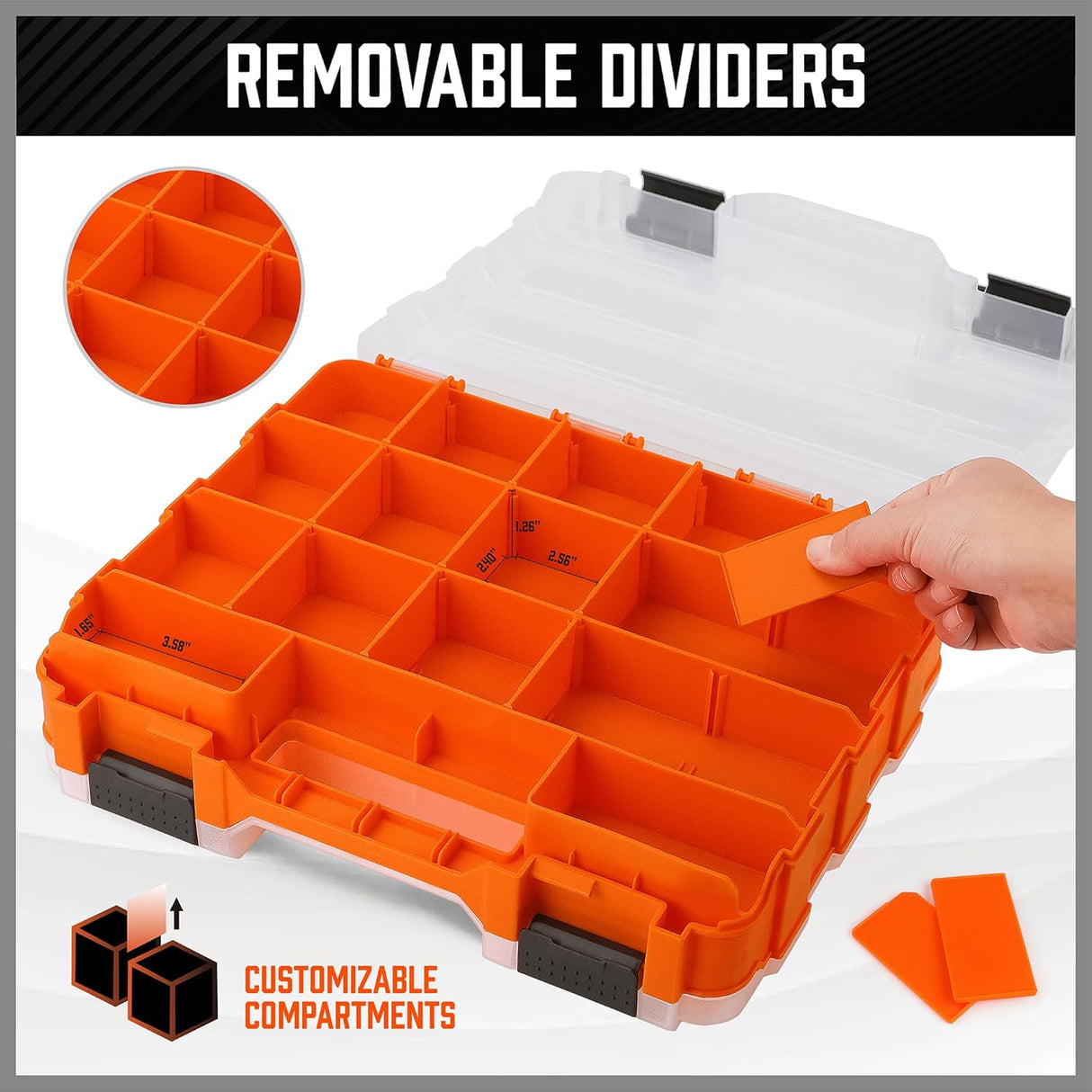 Double-sided orange tool organizer box with 34 adjustable compartments for hardware and accessories