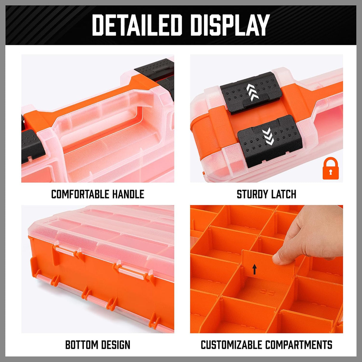 Double-sided orange tool organizer box with 34 adjustable compartments for hardware and accessories