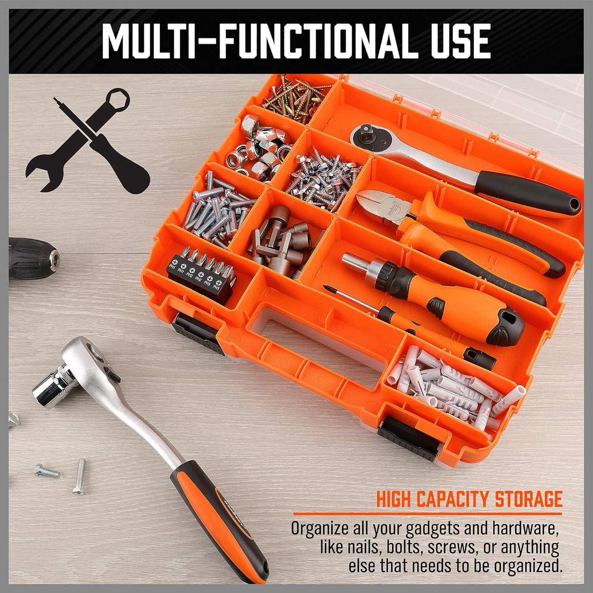 Double-sided orange tool organizer box with 34 adjustable compartments for hardware and accessories