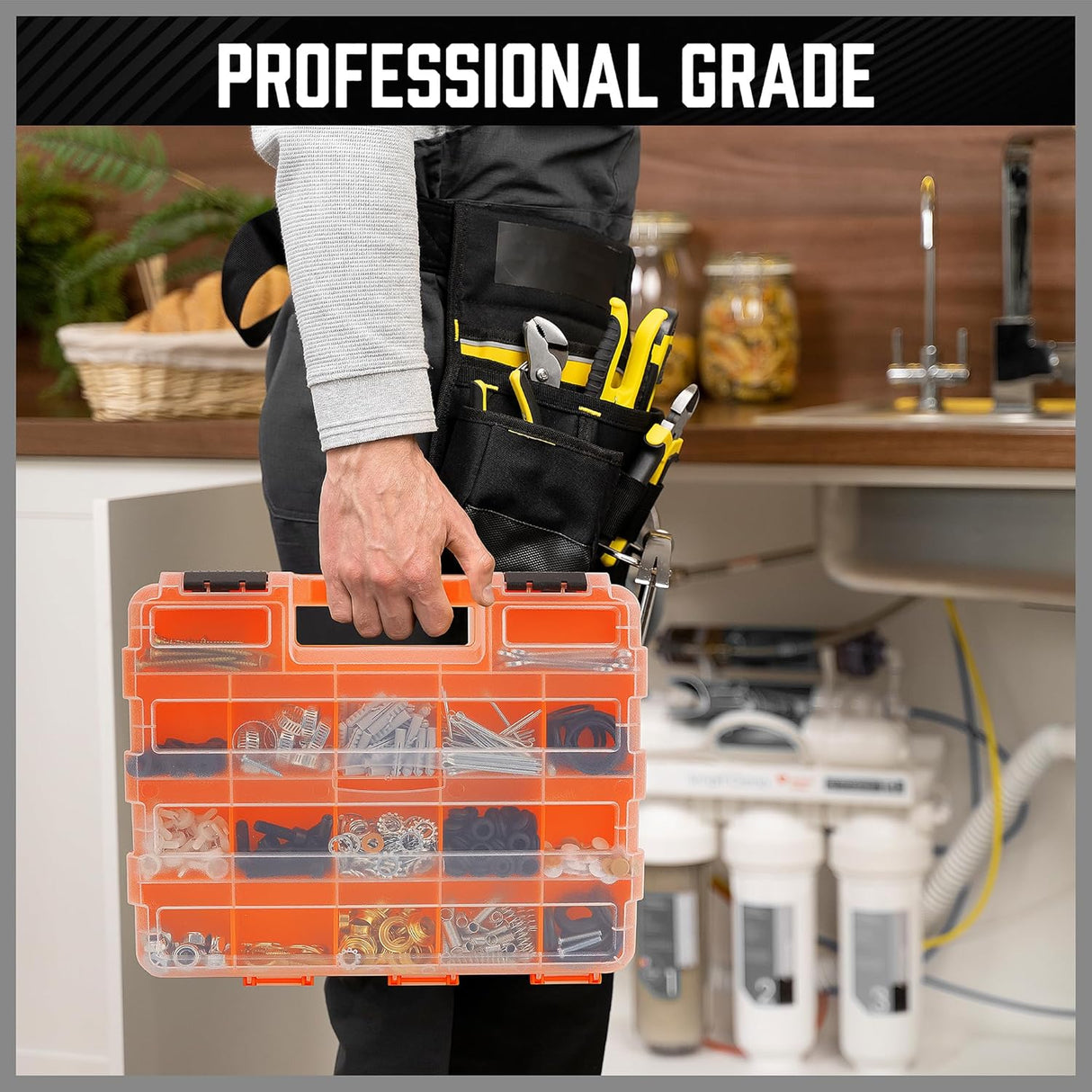 Double-sided orange tool organizer box with 34 adjustable compartments for hardware and accessories