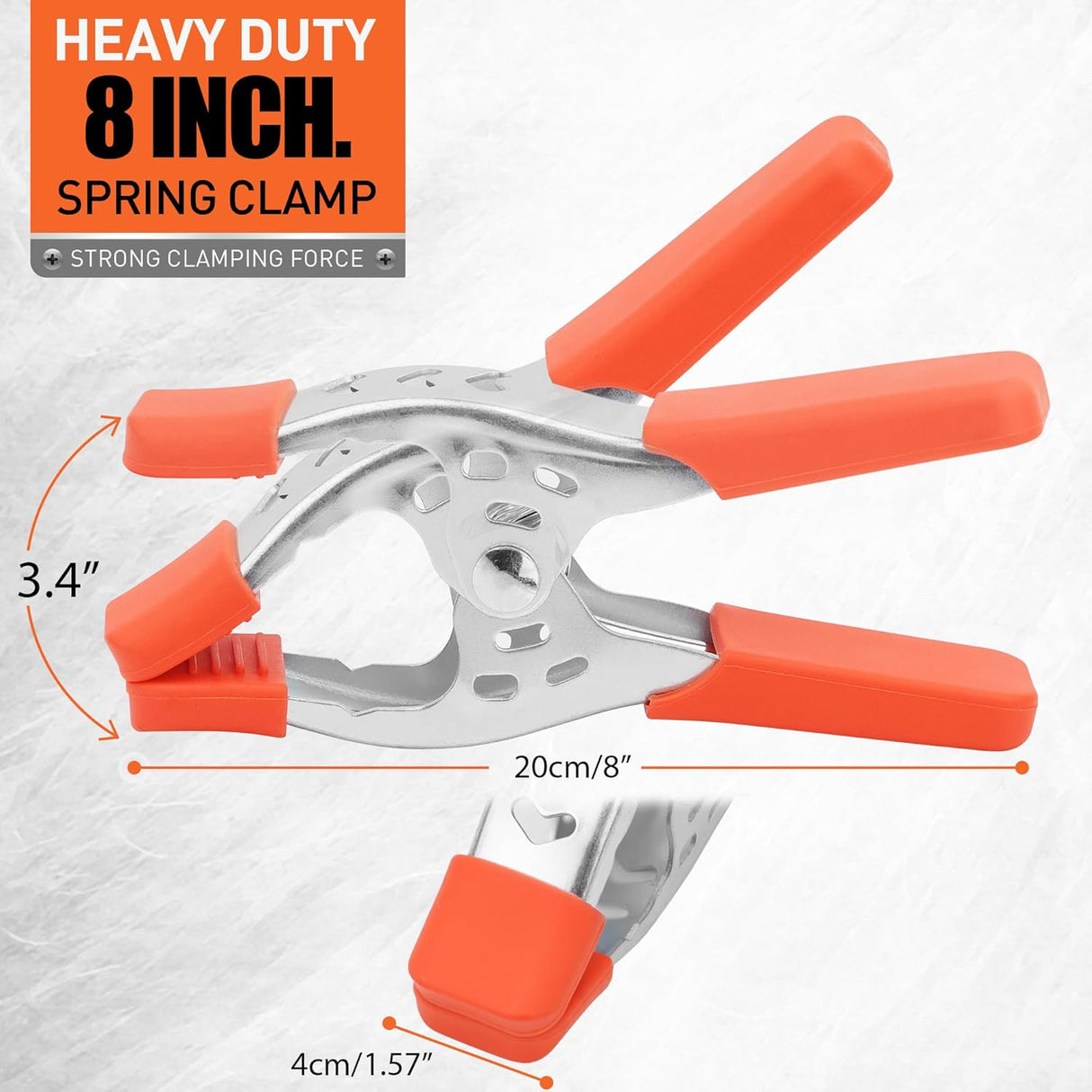 8-inch heavy duty metal spring clamps with orange PVC-coated tips for woodworking, crafts, and home improvement projects