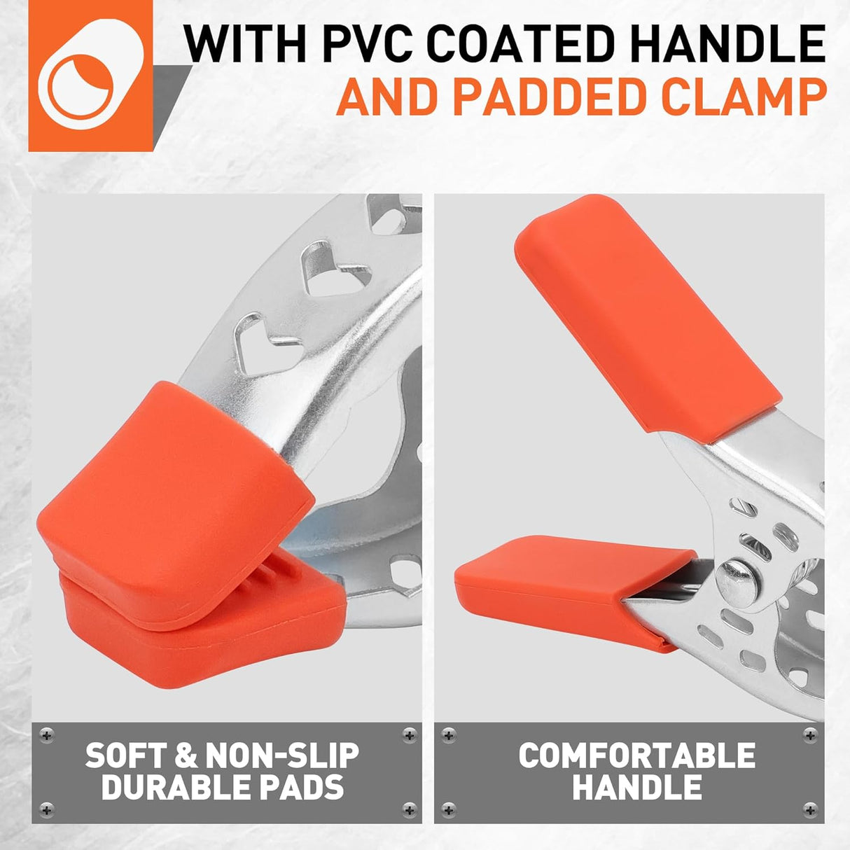 8-inch heavy duty metal spring clamps with orange PVC-coated tips for woodworking, crafts, and home improvement projects