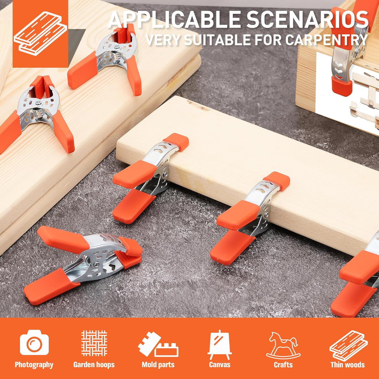 8-inch heavy duty metal spring clamps with orange PVC-coated tips for woodworking, crafts, and home improvement projects