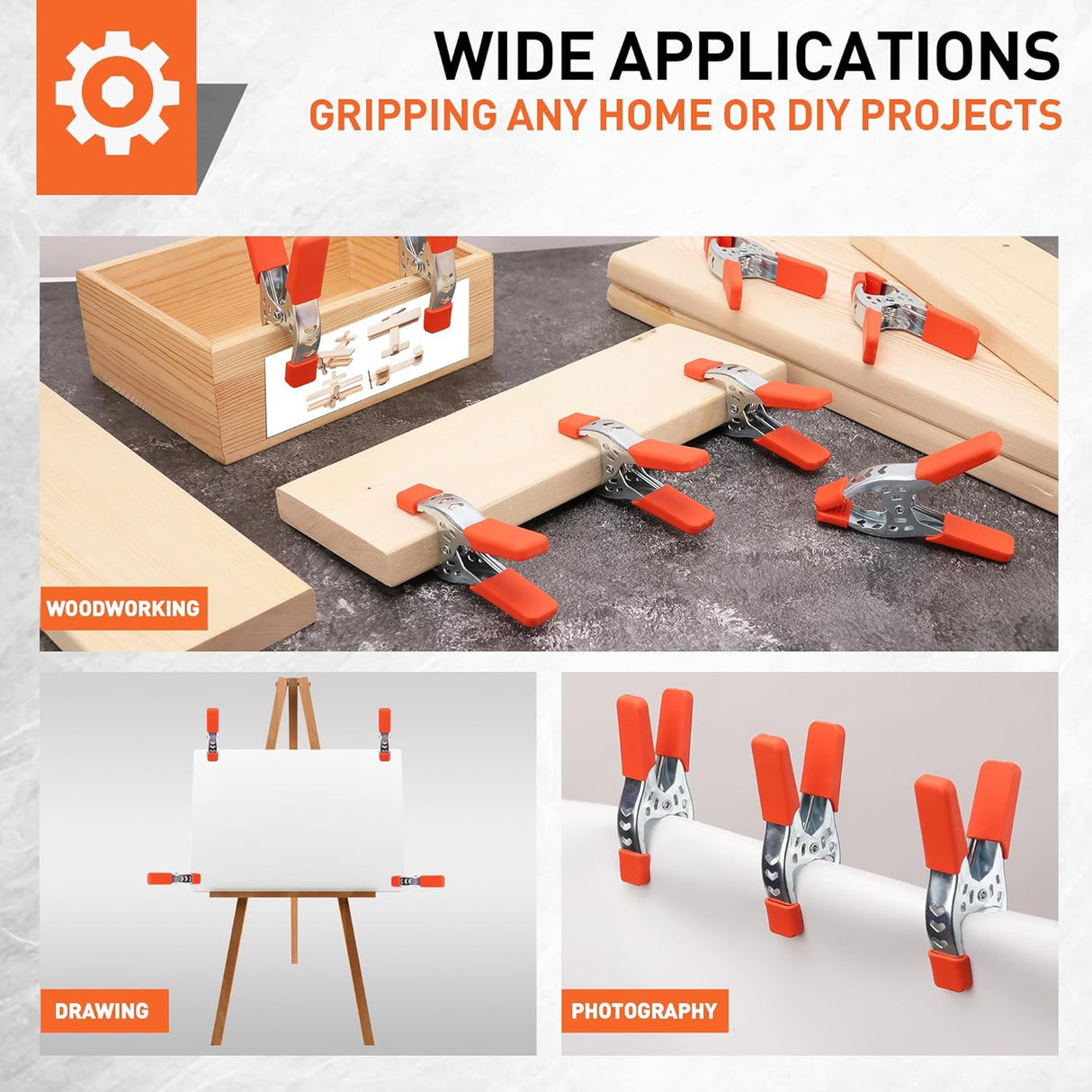 8-inch heavy duty metal spring clamps with orange PVC-coated tips for woodworking, crafts, and home improvement projects