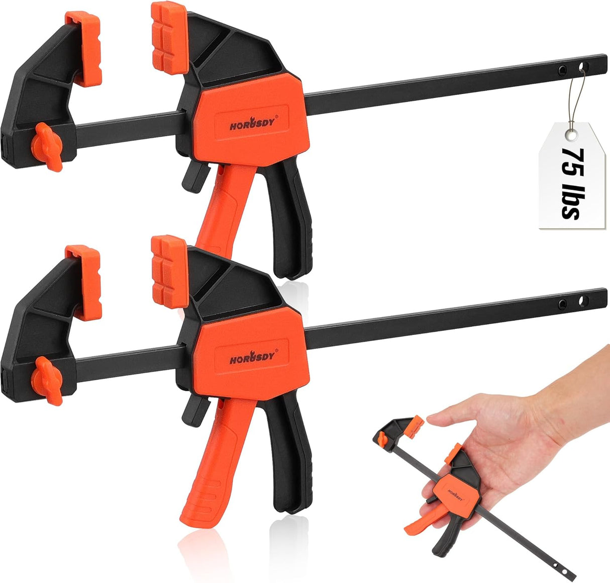 HORUSDY 6-inch bar clamps with anti-slip pads, quick-change spreader, ergonomic handle, and strong 75 lbs clamping force