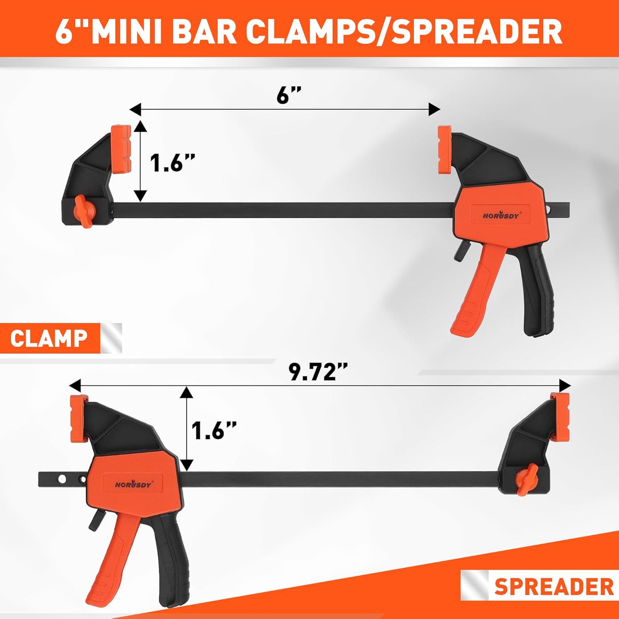 HORUSDY 6-inch bar clamps with anti-slip pads, quick-change spreader, ergonomic handle, and strong 75 lbs clamping force