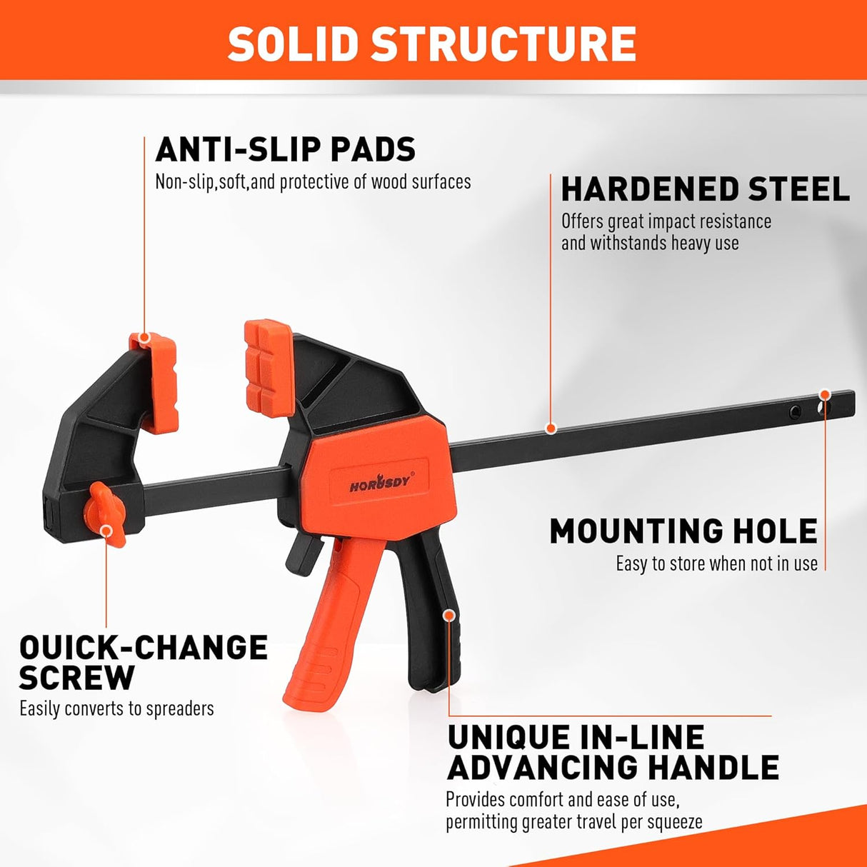 HORUSDY 6-inch bar clamps with anti-slip pads, quick-change spreader, ergonomic handle, and strong 75 lbs clamping force