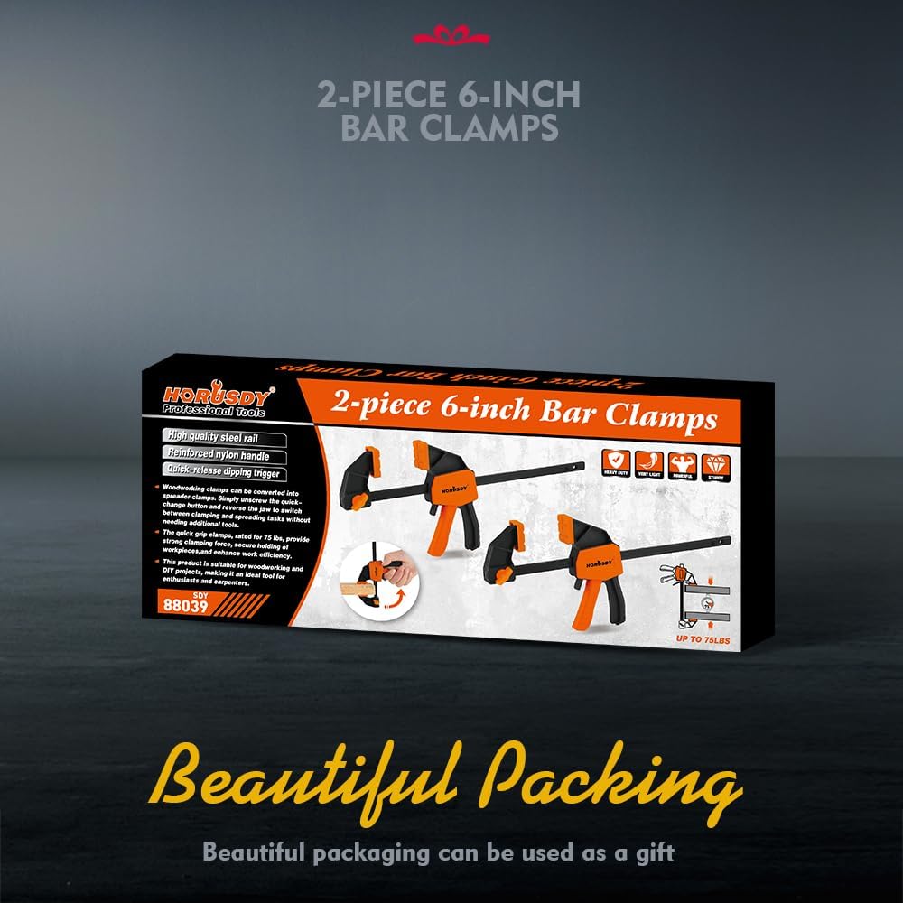 HORUSDY 6-inch bar clamps with anti-slip pads, quick-change spreader, ergonomic handle, and strong 75 lbs clamping force