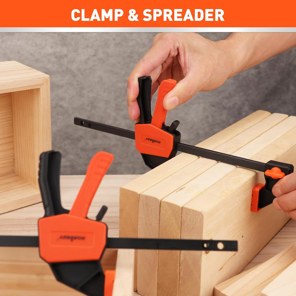 HORUSDY 6-inch bar clamps with anti-slip pads, quick-change spreader, ergonomic handle, and strong 75 lbs clamping force