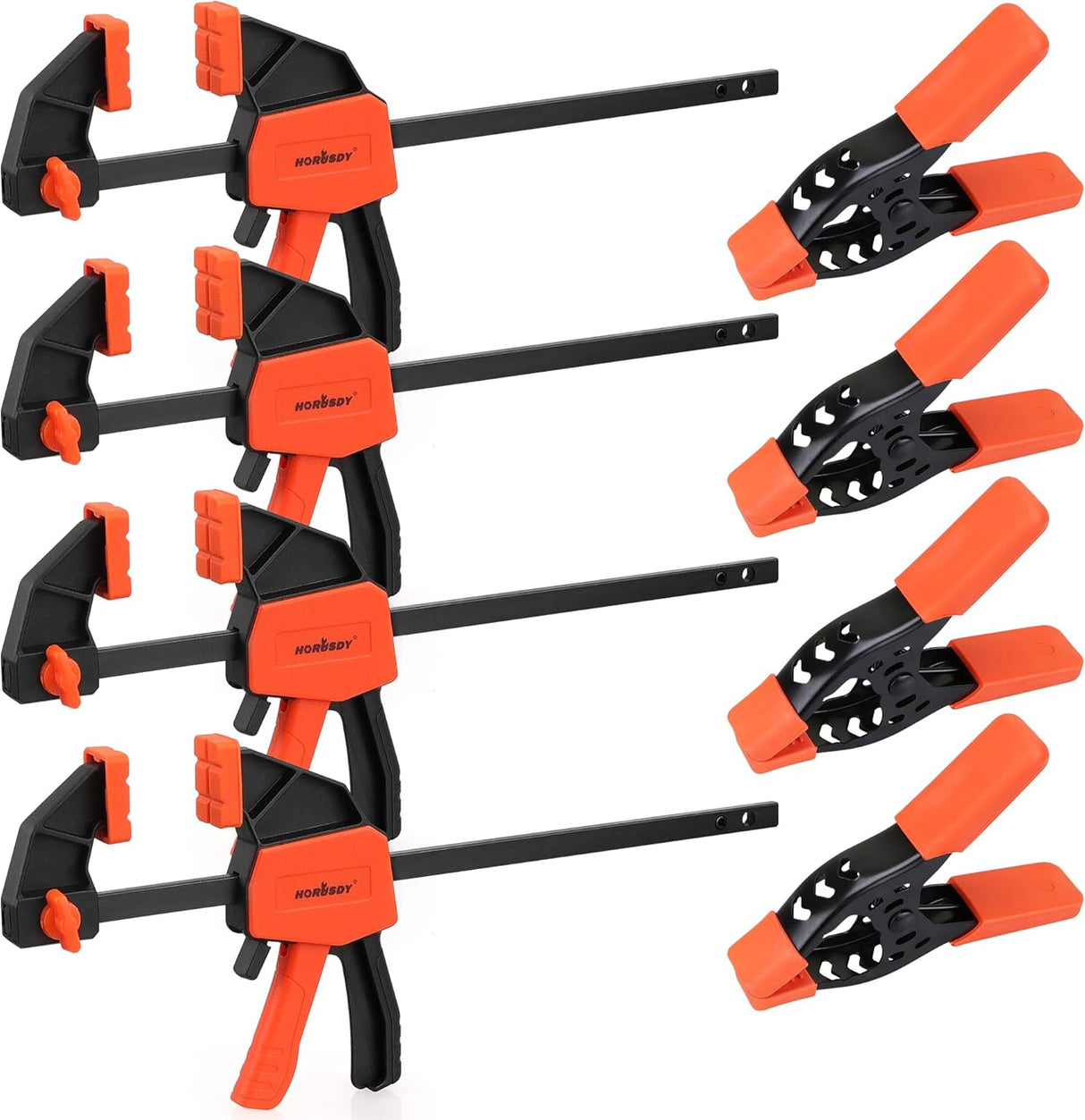 HORUSDY 8-piece spring and bar clamp set featuring mini bar clamps and heavy-duty spring clamps in black and orange for woodworking and repairs