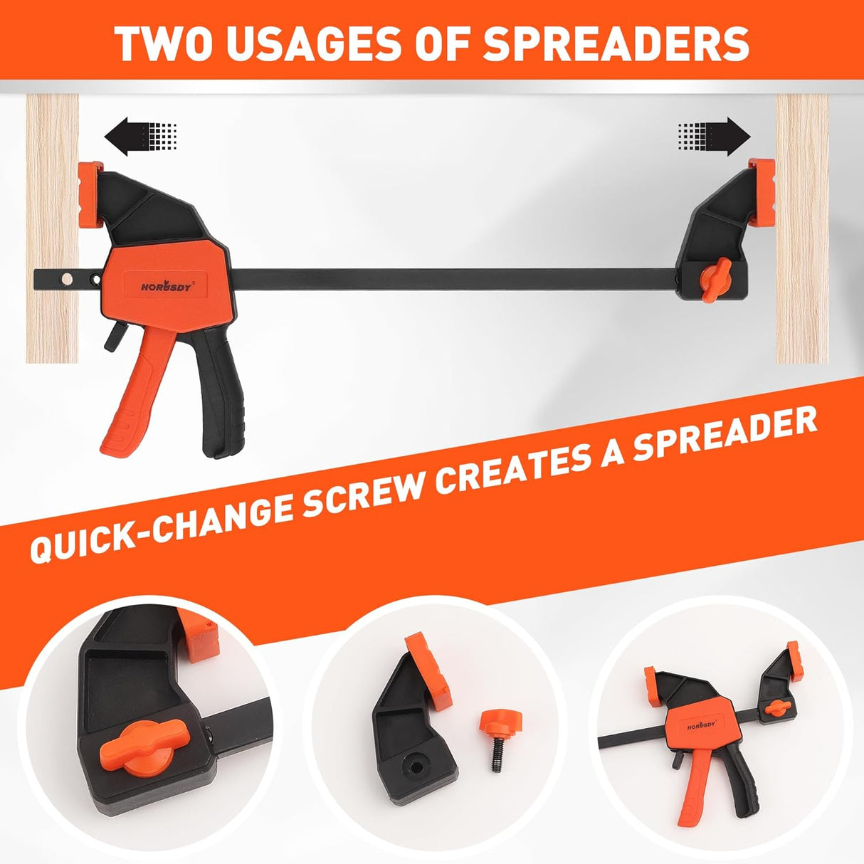 HORUSDY 8-piece spring and bar clamp set featuring mini bar clamps and heavy-duty spring clamps in black and orange for woodworking and repair