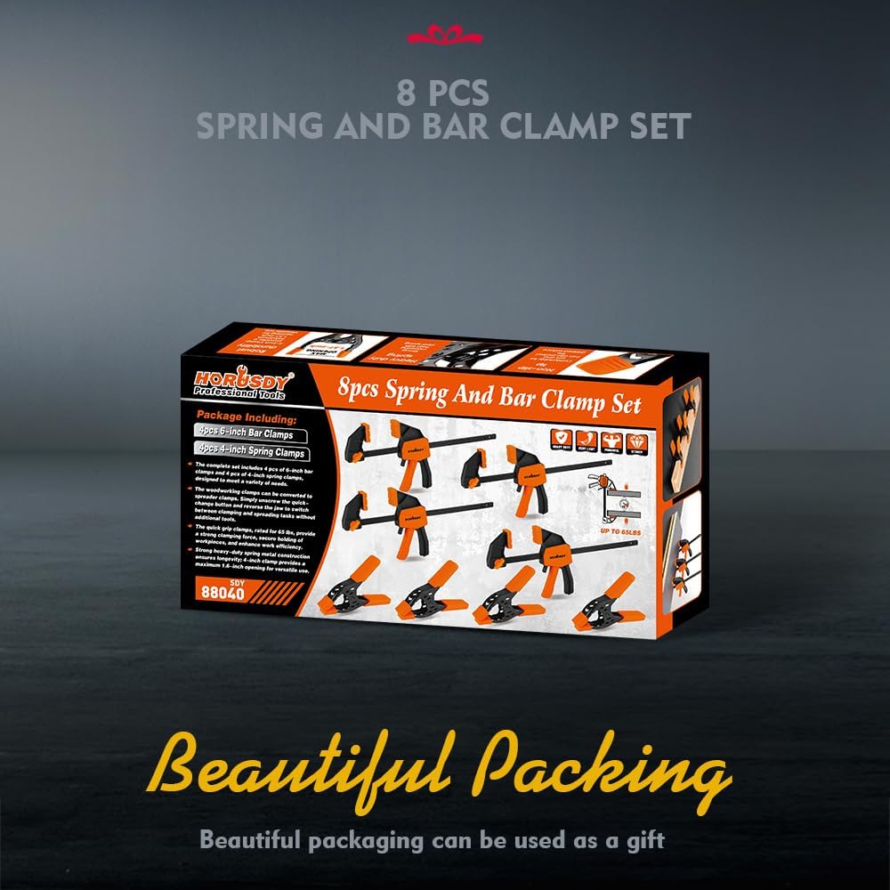 HORUSDY 8-piece spring and bar clamp set featuring mini bar clamps and heavy-duty spring clamps in black and orange for woodworking and repair