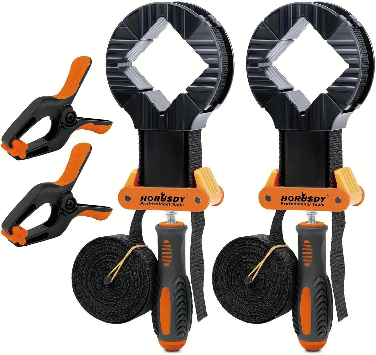 Two HORUSDY belt clamps with ergonomic handles, 4M nylon straps, and corner jaws for woodworking and clamping irregular shapes.