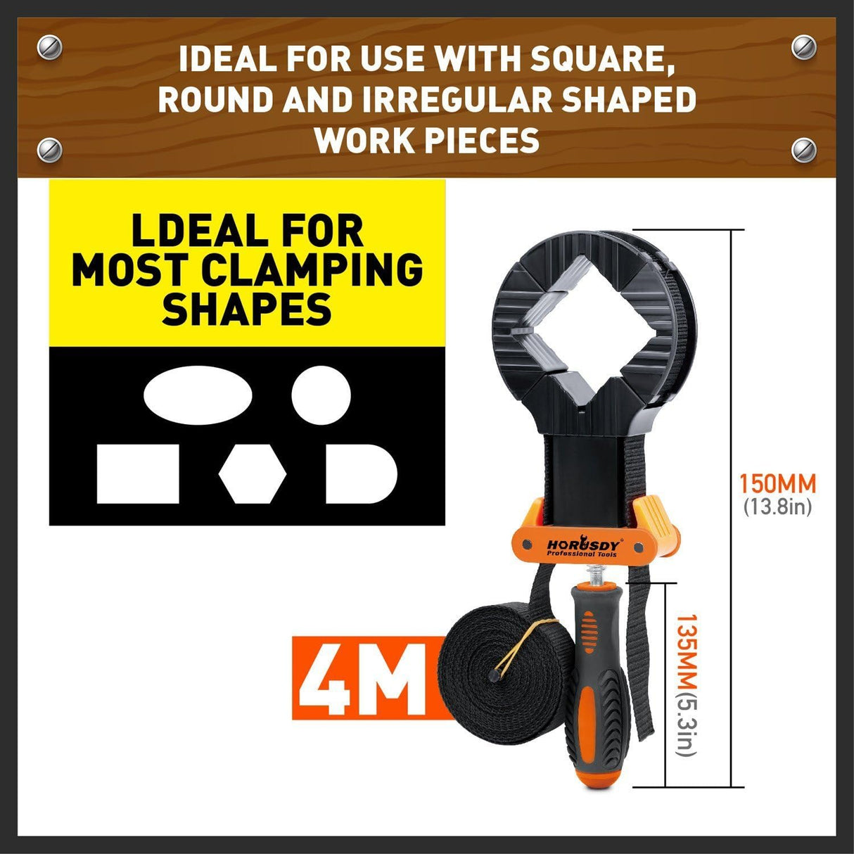 Two HORUSDY belt clamps with ergonomic handles, 4M nylon straps, and corner jaws for woodworking and clamping irregular shapes.