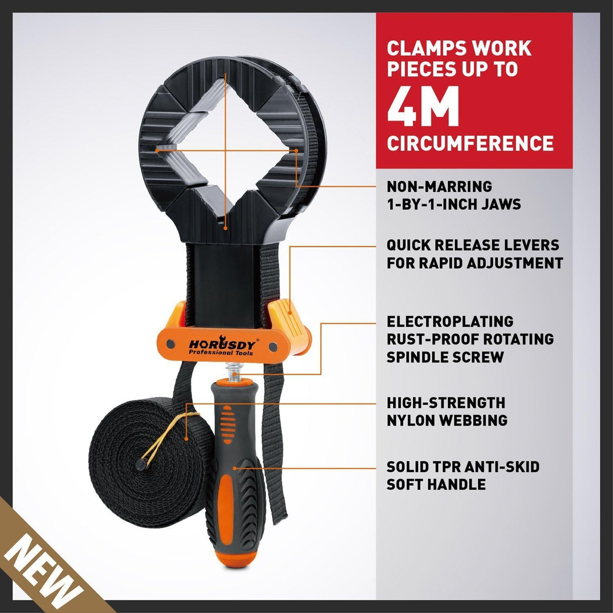 Two HORUSDY belt clamps with ergonomic handles, 4M nylon straps, and corner jaws for woodworking and clamping irregular shapes.