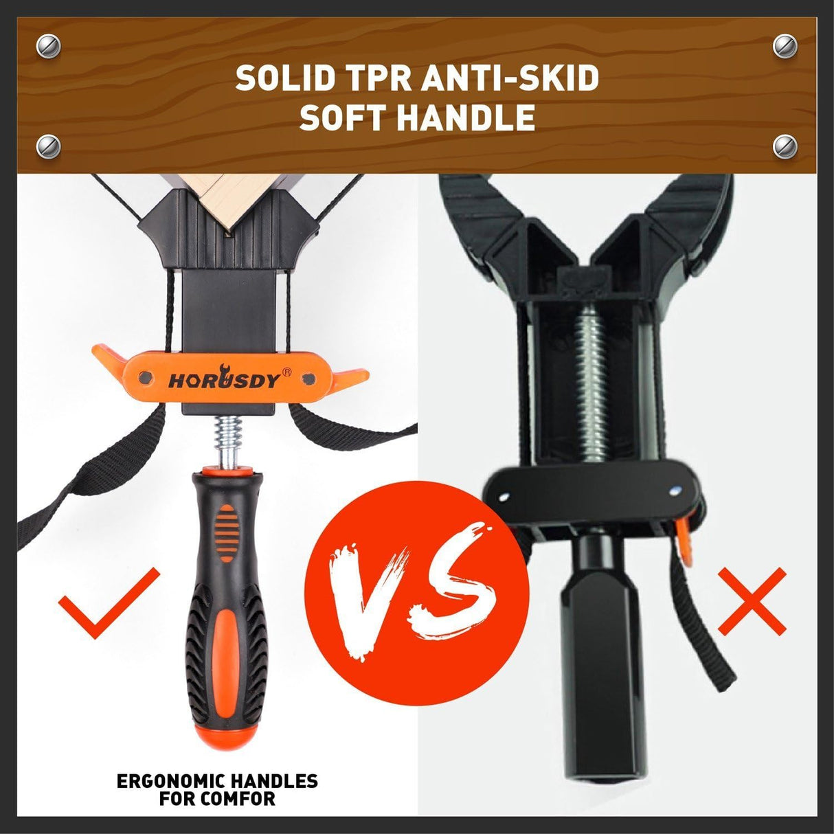 Two HORUSDY belt clamps with ergonomic handles, 4M nylon straps, and corner jaws for woodworking and clamping irregular shapes.
