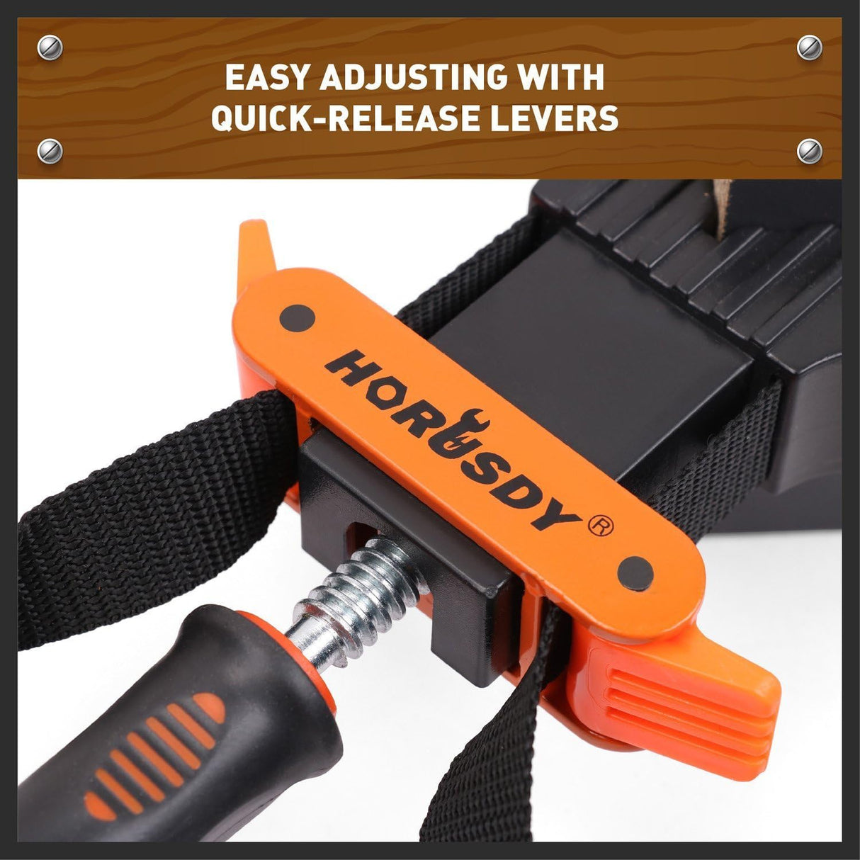 Two HORUSDY belt clamps with ergonomic handles, 4M nylon straps, and corner jaws for woodworking and clamping irregular shapes.