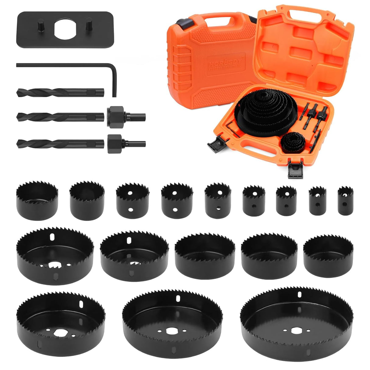 HORUSDY 24-piece hole saw kit with carbon steel blades, mandrels, and accessories in a durable orange case