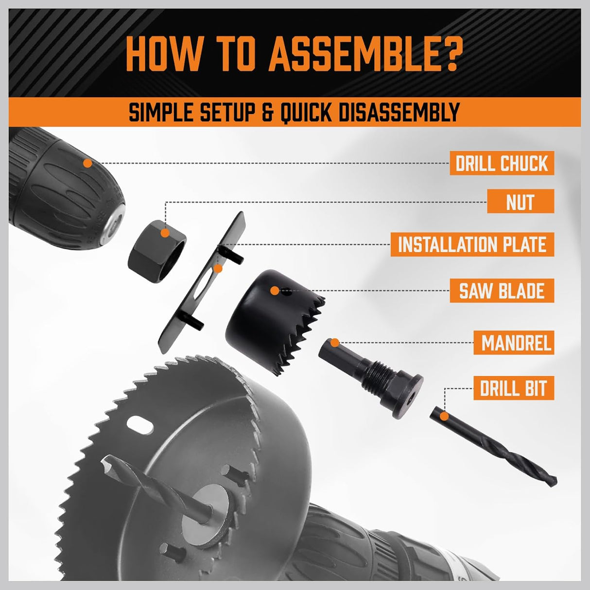 HORUSDY 24-piece hole saw kit with carbon steel blades, mandrels, and accessories in a durable orange case