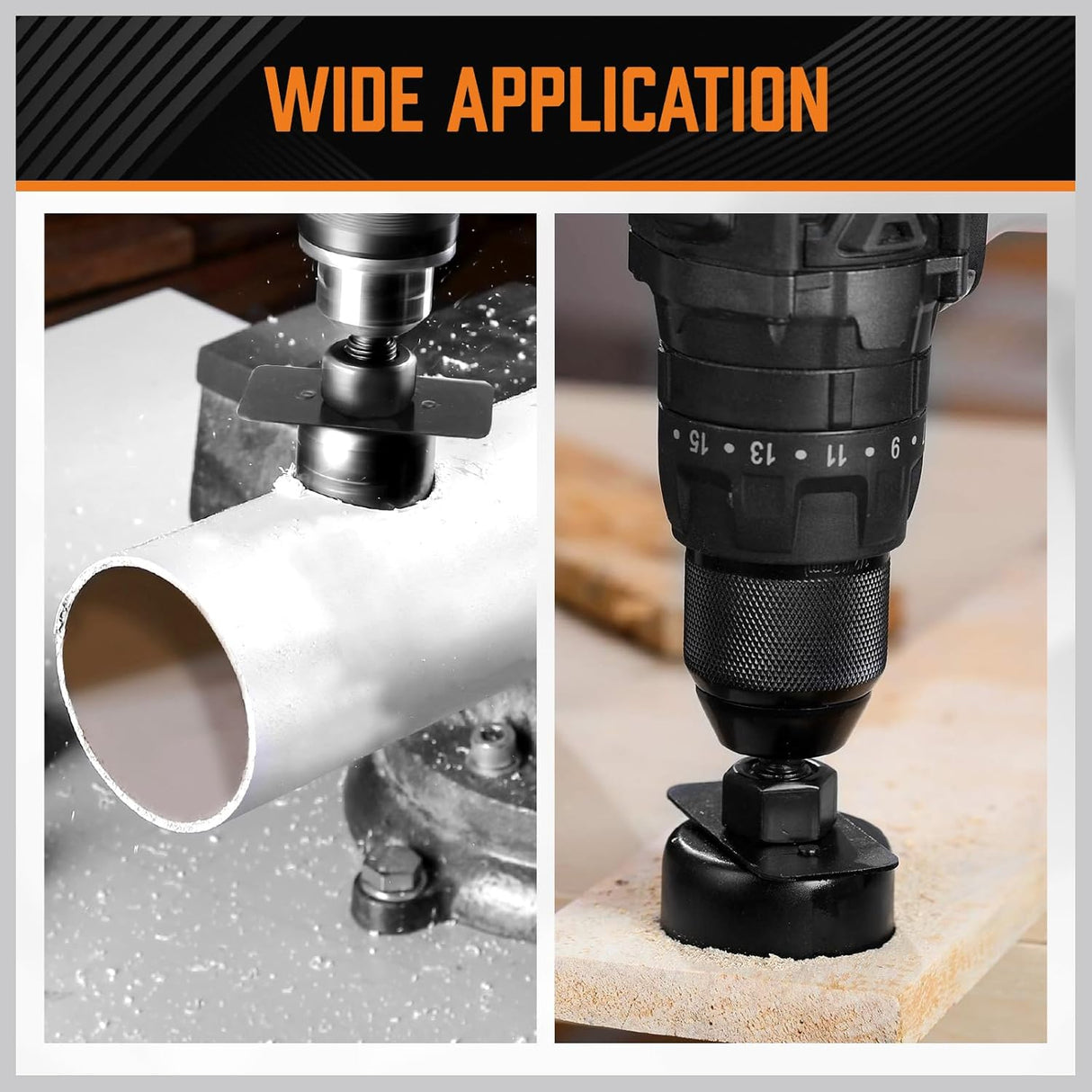 HORUSDY 24-piece hole saw kit with carbon steel blades, mandrels, and accessories in a durable orange case