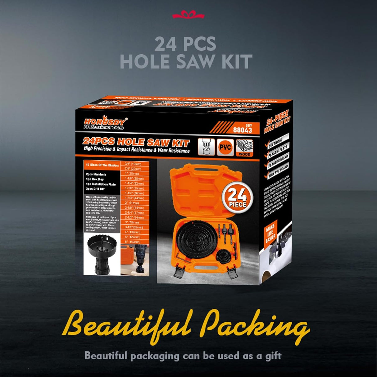 HORUSDY 24-piece hole saw kit with carbon steel blades, mandrels, and accessories in a durable orange case