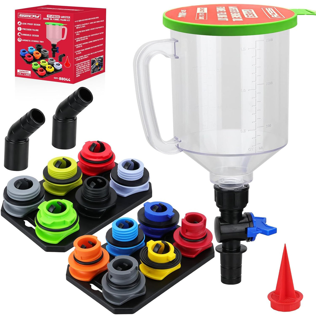Coolant funnel kit with 17 pieces including 12 color-coded adapters, shut-off valve, 45° extenders, and magnetic storage tray for easy fluid filling.