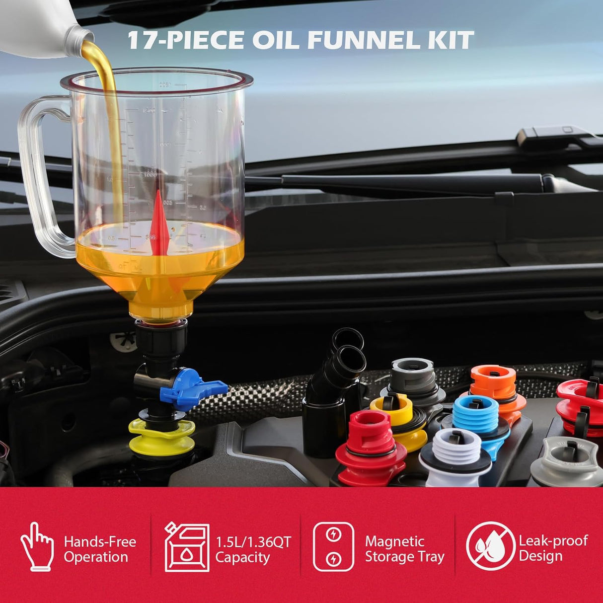 Coolant funnel kit with 17 pieces including 12 color-coded adapters, shut-off valve, 45° extenders, and magnetic storage tray for easy fluid filling.