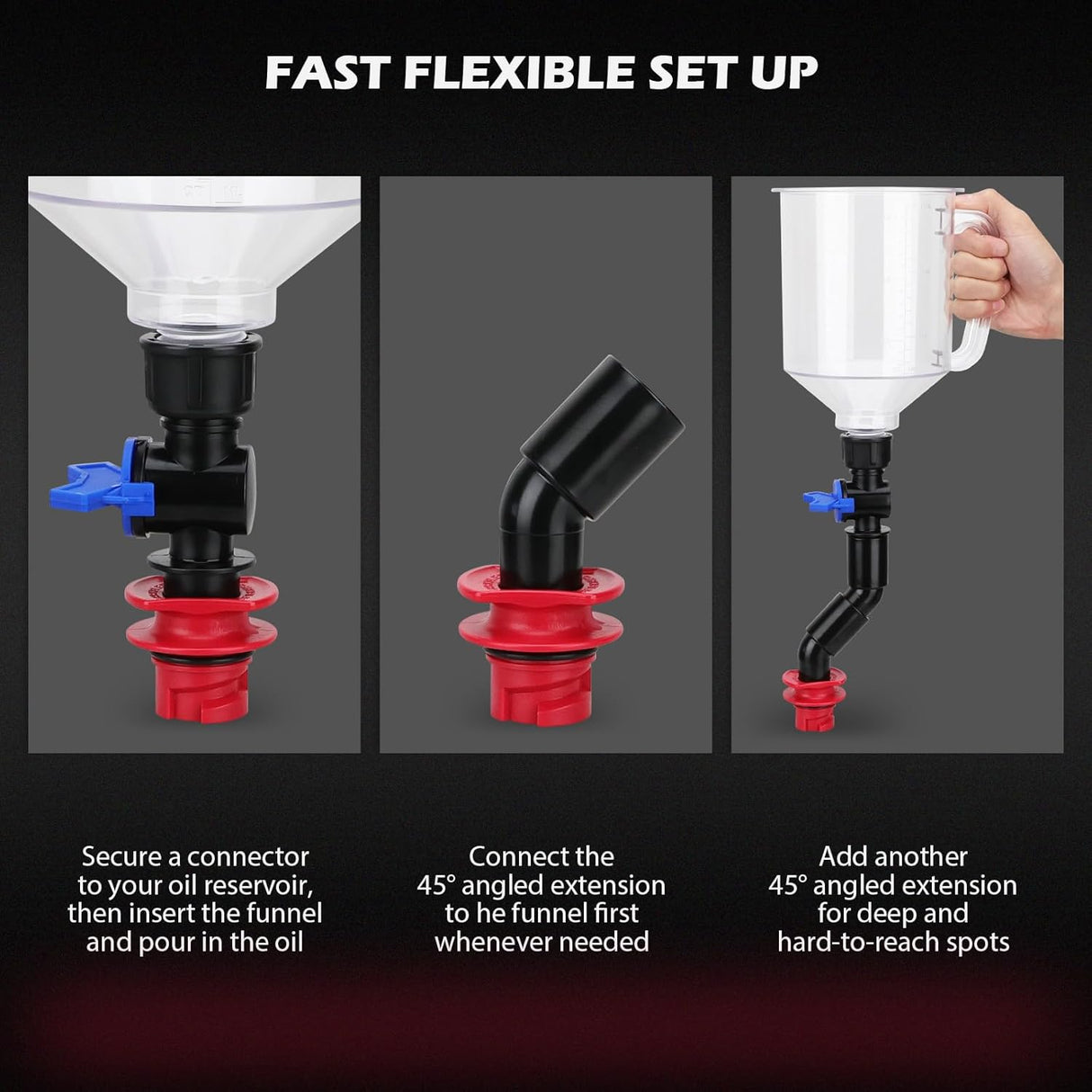 Coolant funnel kit with 17 pieces including 12 color-coded adapters, shut-off valve, 45° extenders, and magnetic storage tray for easy fluid filling.