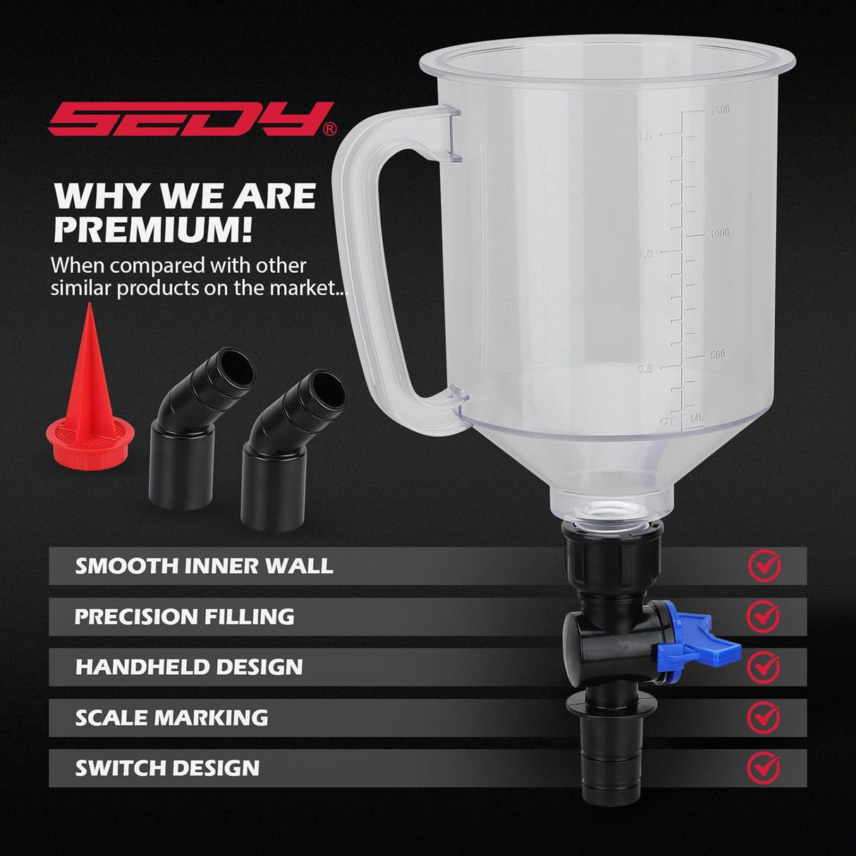 Coolant funnel kit with 17 pieces including 12 color-coded adapters, shut-off valve, 45° extenders, and magnetic storage tray for easy fluid filling.