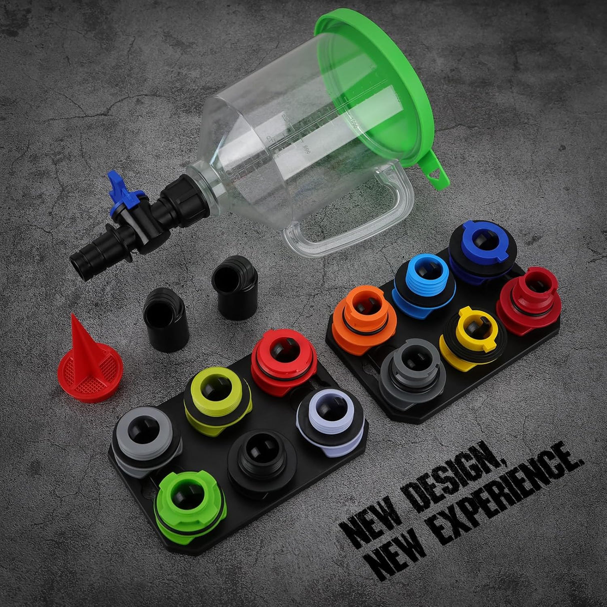 Coolant funnel kit with 17 pieces including 12 color-coded adapters, shut-off valve, 45° extenders, and magnetic storage tray for easy fluid filling.