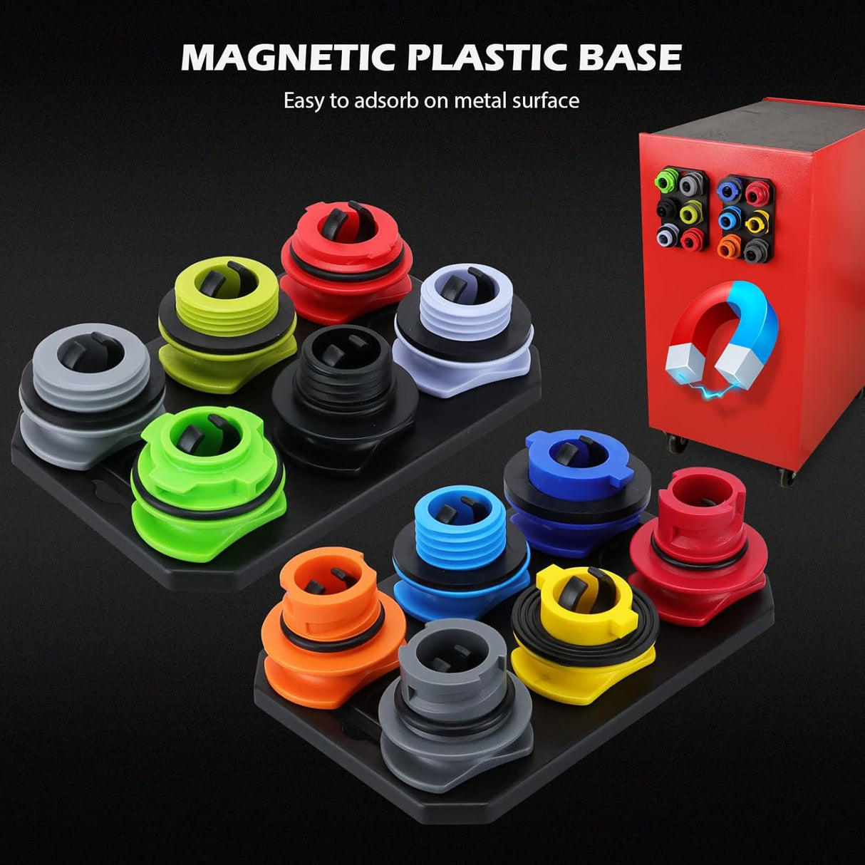 Coolant funnel kit with 17 pieces including 12 color-coded adapters, shut-off valve, 45° extenders, and magnetic storage tray for easy fluid filling.