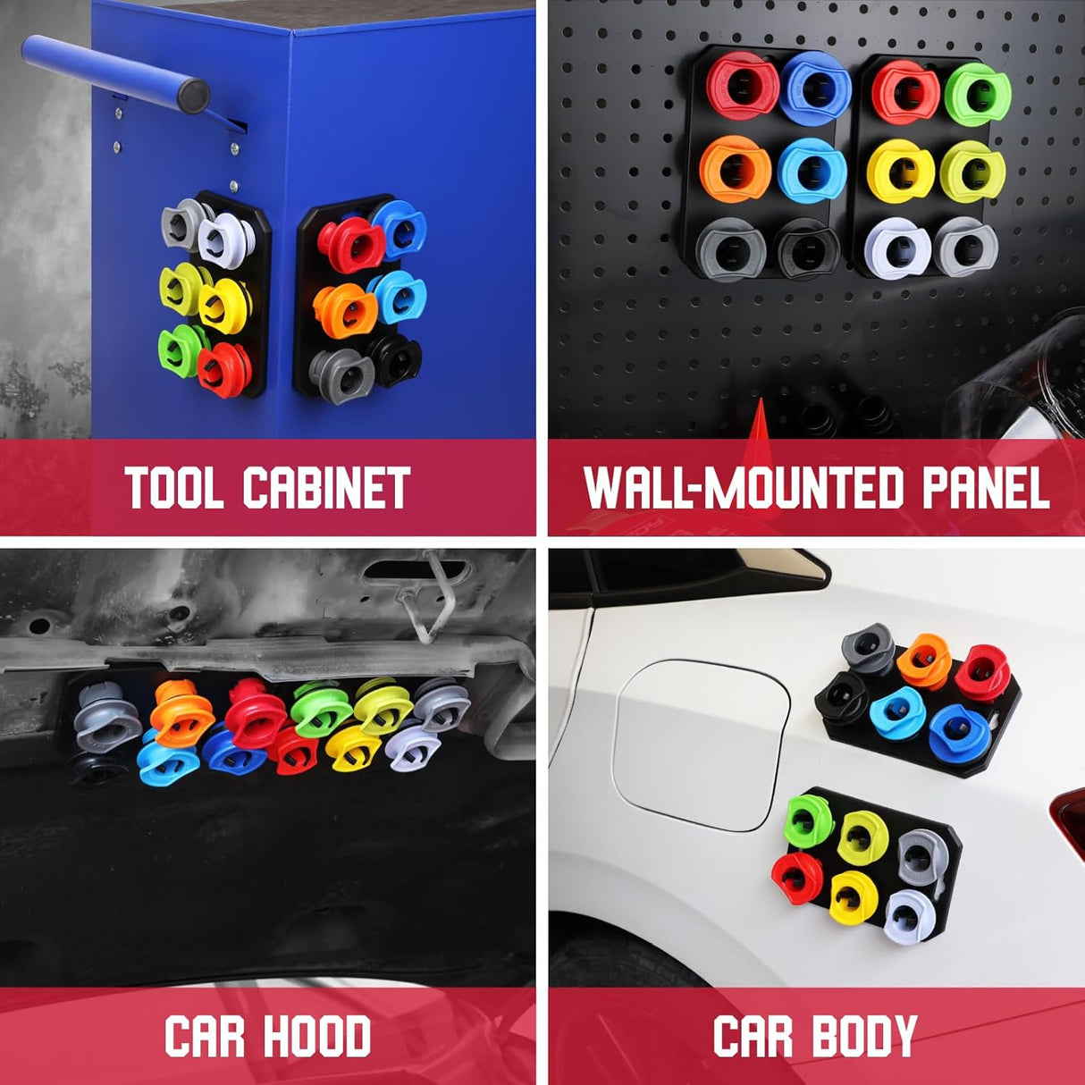 Coolant funnel kit with 17 pieces including 12 color-coded adapters, shut-off valve, 45° extenders, and magnetic storage tray for easy fluid filling.