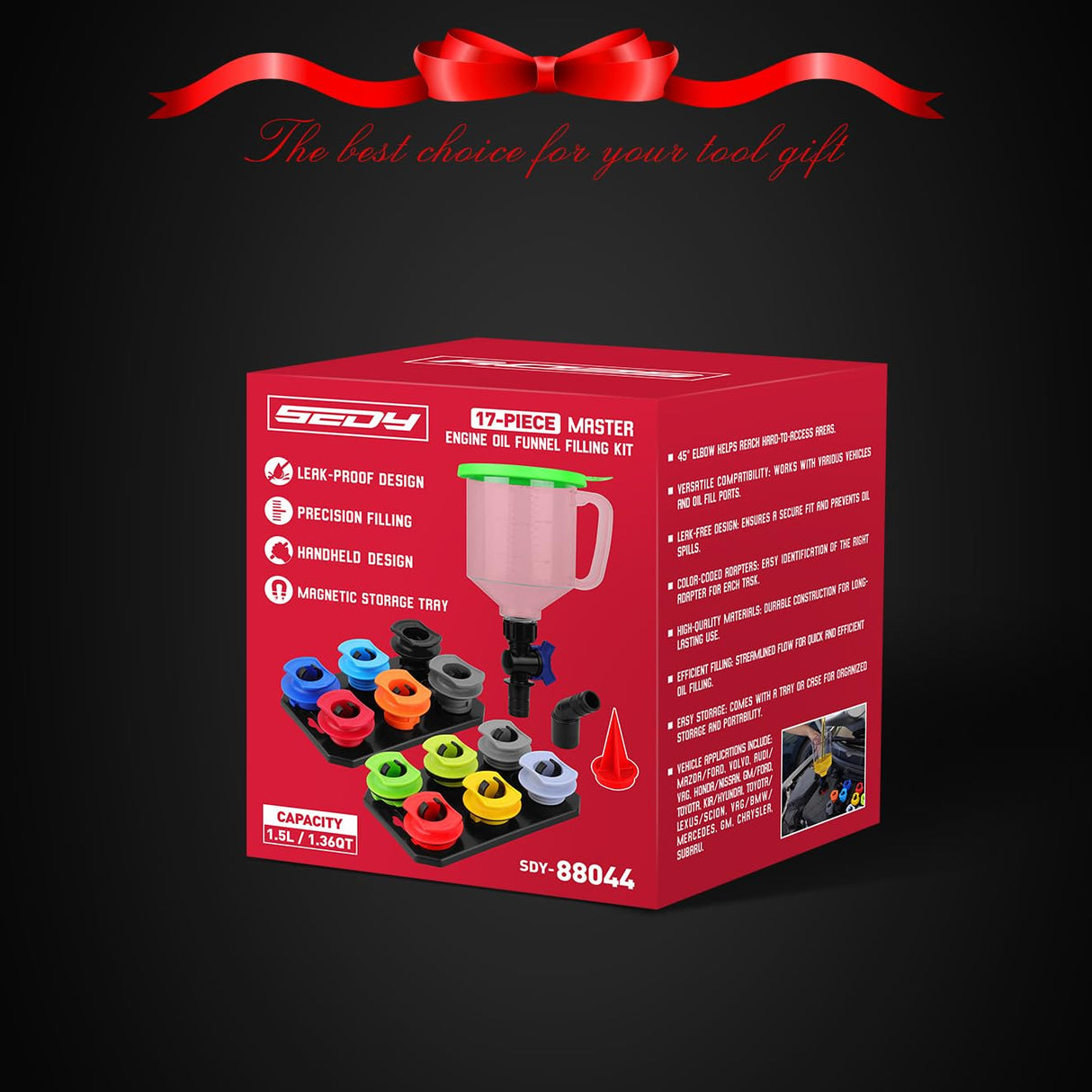Coolant funnel kit with 17 pieces including 12 color-coded adapters, shut-off valve, 45° extenders, and magnetic storage tray for easy fluid filling.