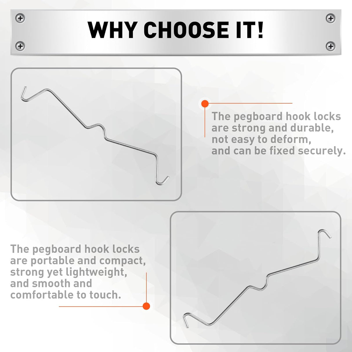 HORUSDY 100-pack pegboard metal peg locks with anti-fall hook design for 1/4" and 1/8" pegboards, durable and rust-resistant